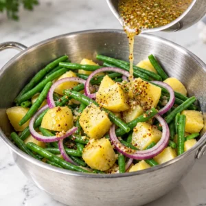 Pour the lemon, garlic, and mustard sauce over the mixture of cooked potato chunks, green beans, and red onion slices in a large stainless-steel bowl.