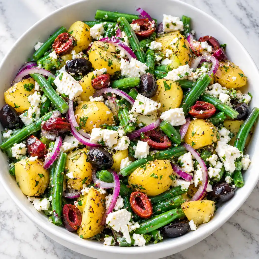 A salad made with fresh Potato and green bean salad, tossed with black and red olives, sliced red onion, crumbled feta cheese, and chopped herbs, served in a white bowl on a marble surface.
