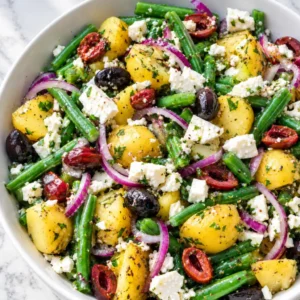 A salad made with fresh Potato and green bean salad, tossed with black and red olives, sliced red onion, crumbled feta cheese, and chopped herbs, served in a white bowl on a marble surface.