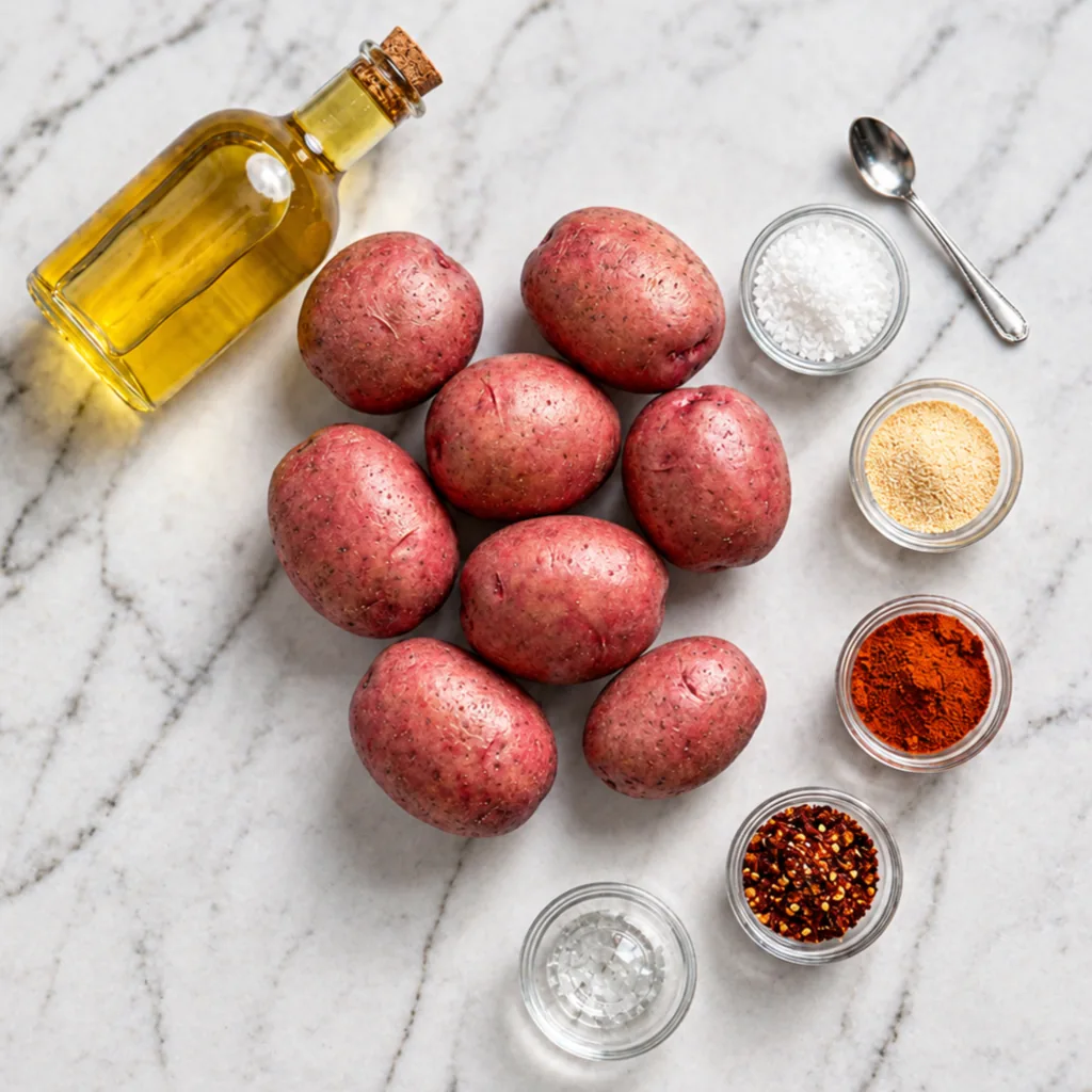 The ingredients for a Shoestring Potato Fries recipe, arranged on a white marble countertop, include a selection of red potatoes, a bottle of olive oil, and five small glass jars containing salt, spice mix, paprika, and red chili flakes