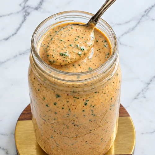jar filled with creamy, orange-colored Southwest ranch dressing, with a silver spoon dipped in the dressing
