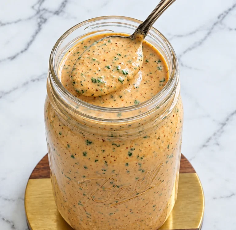 jar filled with creamy, orange-colored Southwest ranch dressing, with a silver spoon dipped in the dressing