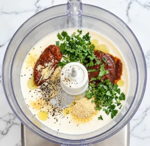 A mixture made with a “Ranch” mayonnaise base, crème fraîche, fromage blanc, chipotle pepper, adobo sauce, lemon juice, chopped cilantro, and spices, ready to be mixed on a marble countertop.