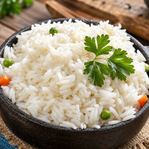 Fluffy Steam Cooked Rice served in a dark ceramic bowl, garnished with fresh green parsley sprigs, green peas, and diced carrots on a rustic wooden table.