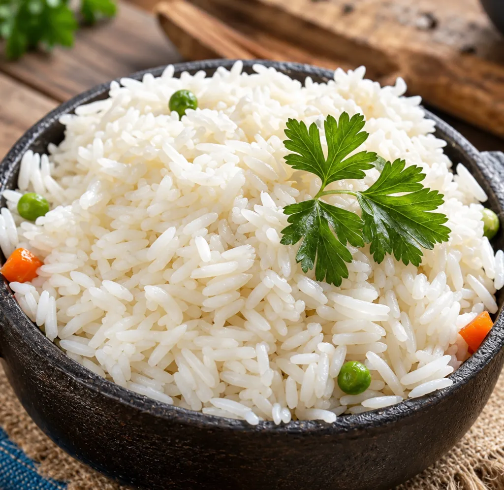 Fluffy Steam Cooked Rice served in a dark ceramic bowl, garnished with fresh green parsley sprigs, green peas, and diced carrots on a rustic wooden table.