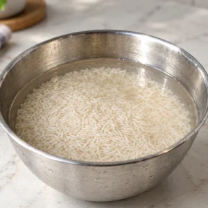 Uncooked long-grain white rice soaking in water inside a stainless steel mixing bowl, set on a light marble countertop for preparation.