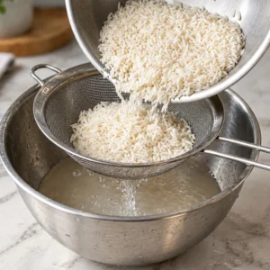 Soaked long-grain white rice being poured from a bowl into a fine-mesh metal strainer to drain excess water into a stainless steel bowl below.