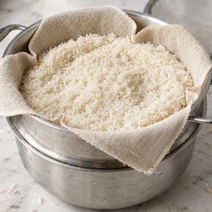 Drained long-grain white rice spread evenly over a cheesecloth liner inside a metal steamer basket set over a pot, ready for steaming.