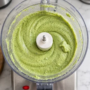 A creamy, green avocado ranch dressing, freshly blended with fresh herbs, displayed inside a transparent food processor.