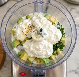Ingredients for avocado ranch dressing made in a food processor, including diced avocado, cottage cheese, chopped herbs, garlic powder, and spices.