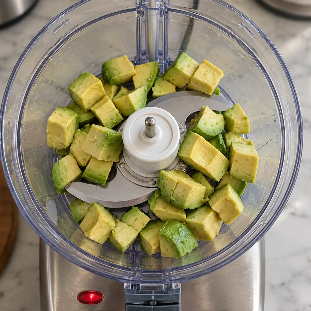 Fresh avocado cubes arranged in the bowl of a clear food processor, ready to be blended into a homemade ranch dressing.