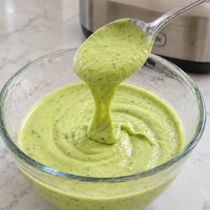A metal spoon scooping up some smooth, creamy avocado ranch dressing from a full glass bowl.