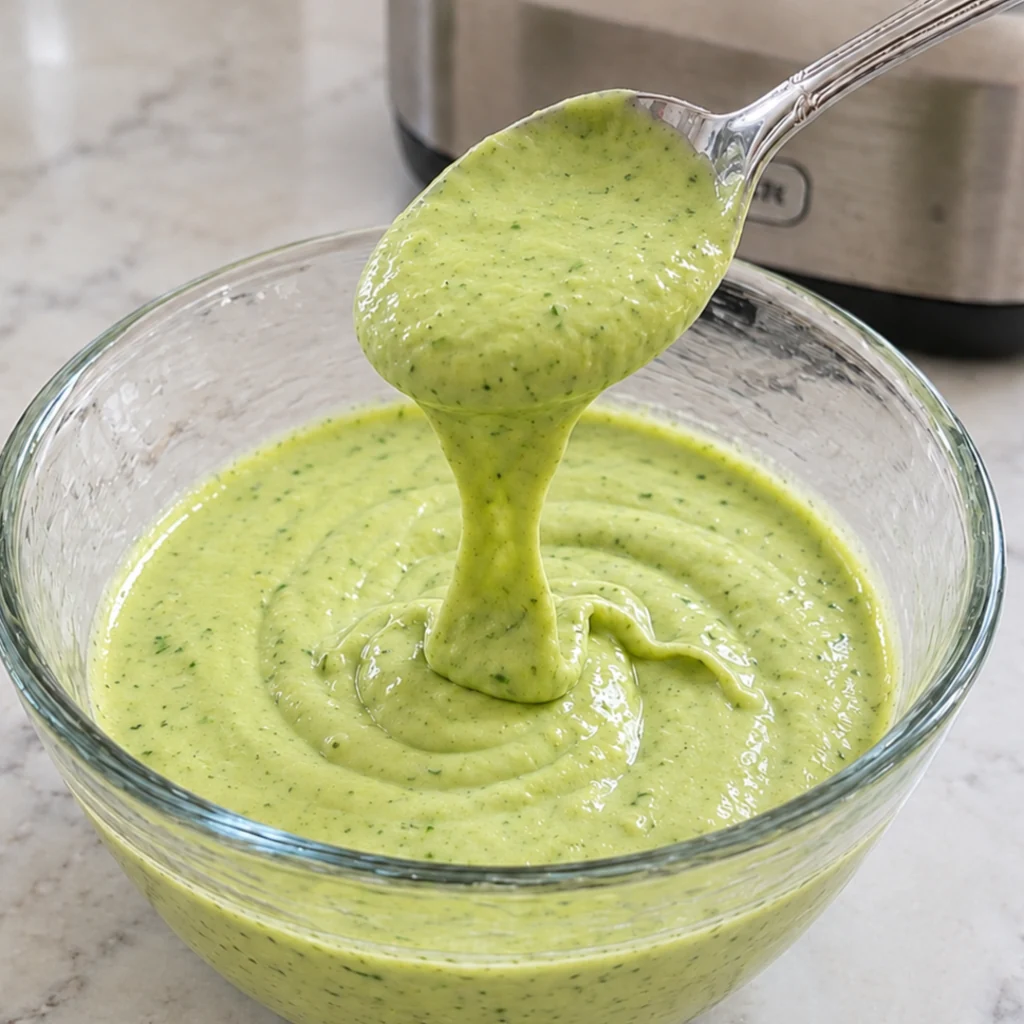 A metal spoon scooping up some smooth, creamy avocado ranch dressing from a full glass bowl.