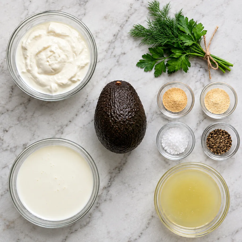 Ingredients for avocado ranch dressing: one whole avocado, along with the ingredients for homemade ranch dressing—cottage cheese, milk, lemon juice, fresh herbs, and spices.
