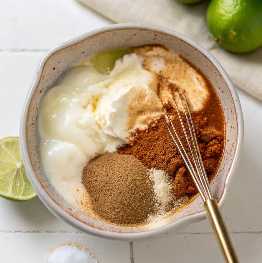 A ceramic bowl filled with sour cream, mayonnaise, lemon juice, garlic powder, chipotle powder, and a pinch of salt, ready to be mixed with a small gold whisk to make paja sauce. Lemons are shown on the side.