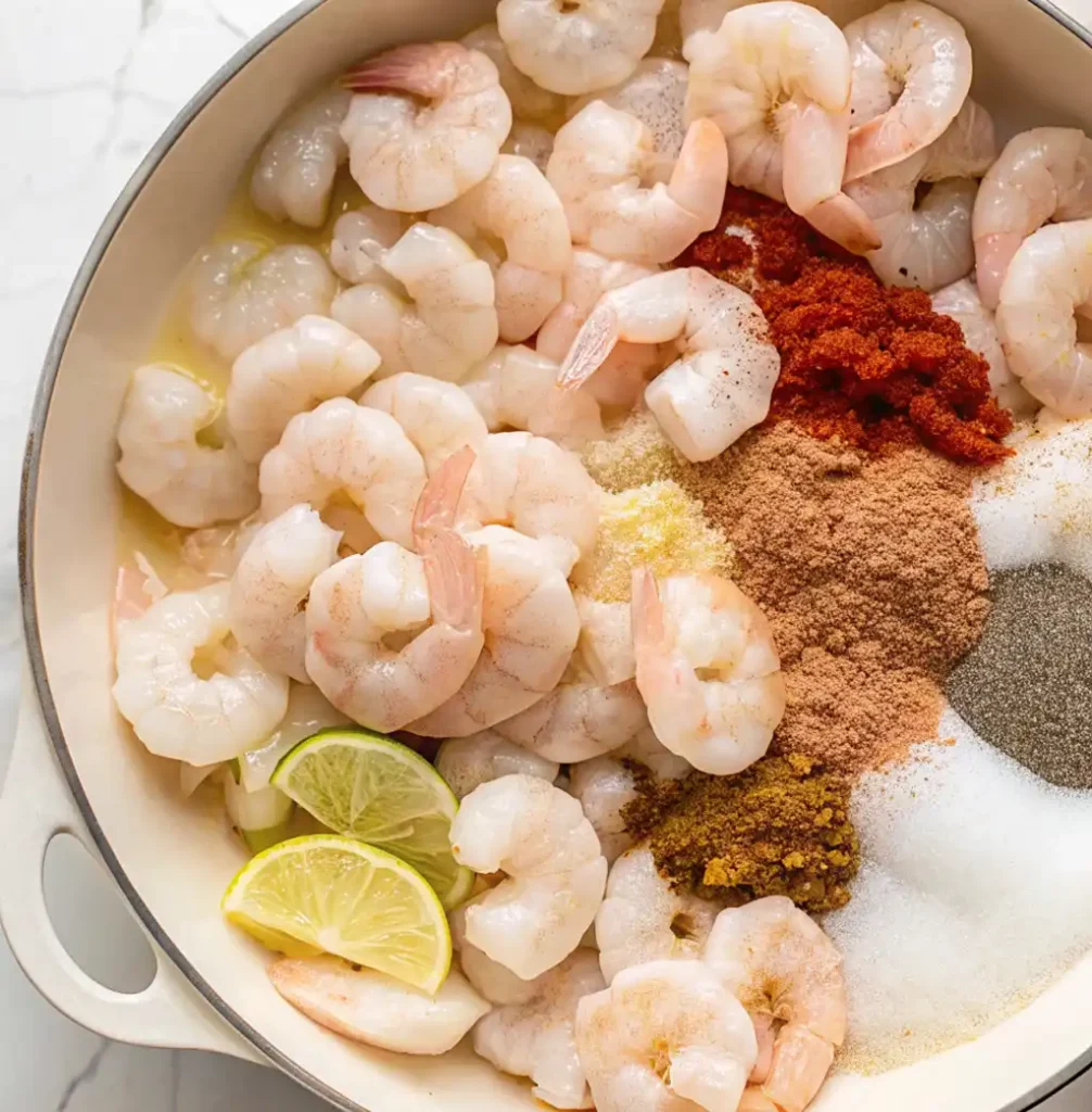 Arrange the peeled raw prawns in a white frying pan, surrounded by the prawn marinade in a bowl with olive oil, lemon juice, chopped garlic, chilli powder, cumin, salt and pepper. For a vibrant Baja-style marinade.
