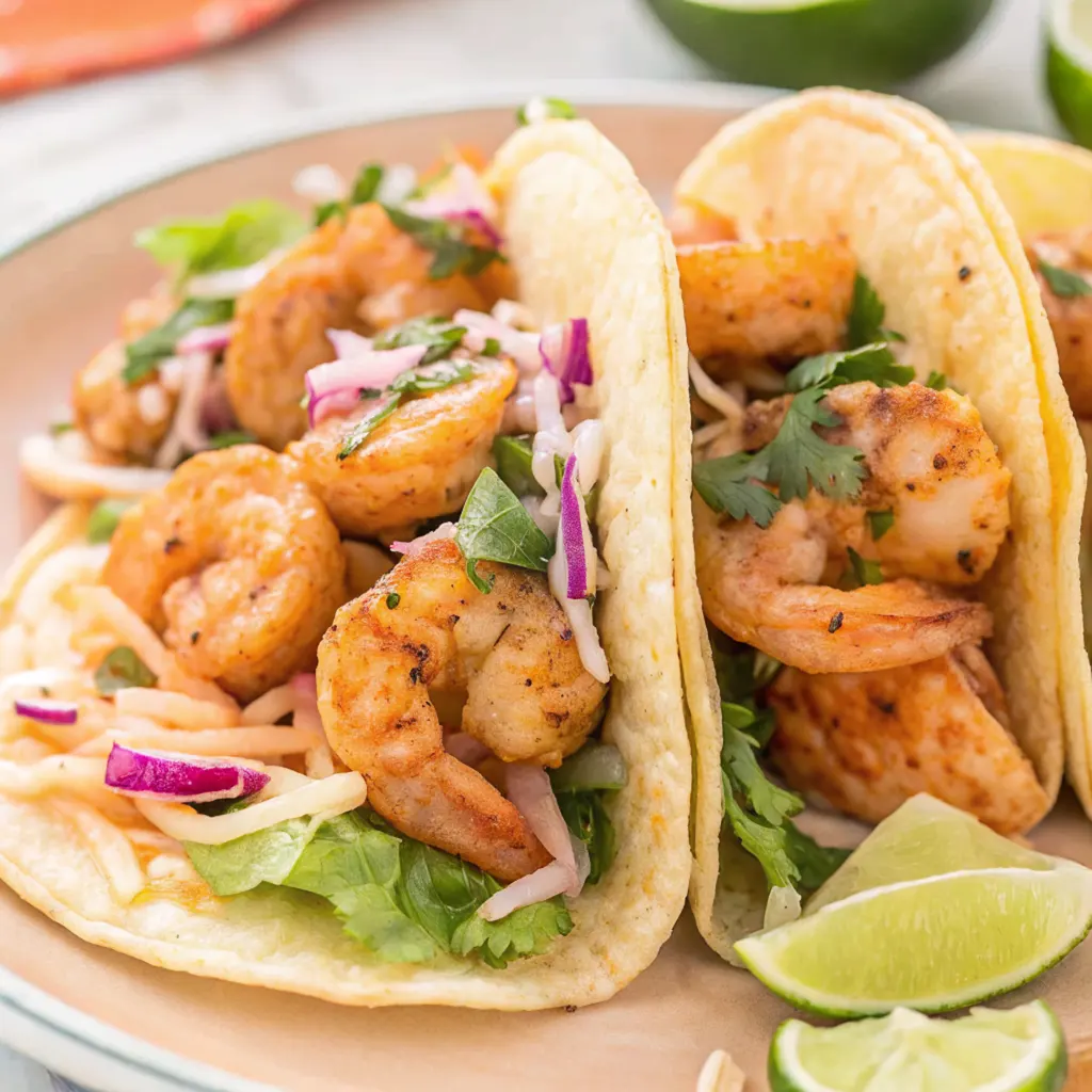 Two delicious Baja shrimp tacos are served on a tan plate, filled with perfectly cooked, seasoned pink shrimp, crunchy slaw, fresh cilantro, and a squeeze of lime from the wedges on the side.