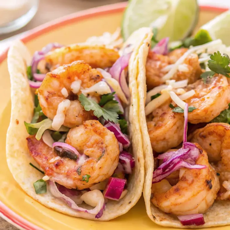 Two delicious Baja shrimp tacos are served on a tan plate, filled with perfectly cooked, seasoned pink shrimp, crunchy slaw, fresh cilantro, and a squeeze of lime from the wedges on the side.