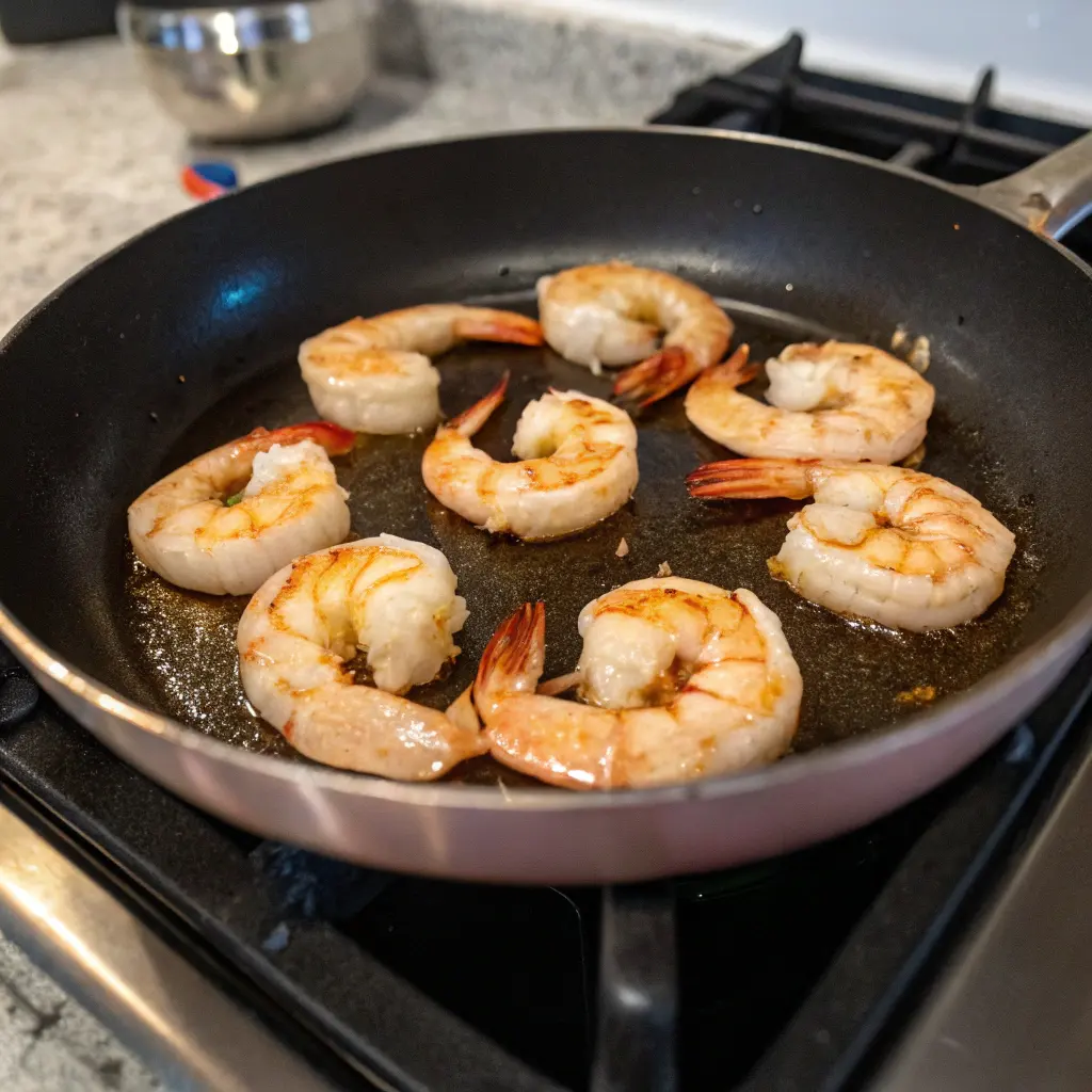 Seven plump, pink shrimp are cooking in a light-colored non-stick skillet on a gas stovetop. The shrimp are curled and have developed a nice golden-brown sear from the heat, perfect for tacos.