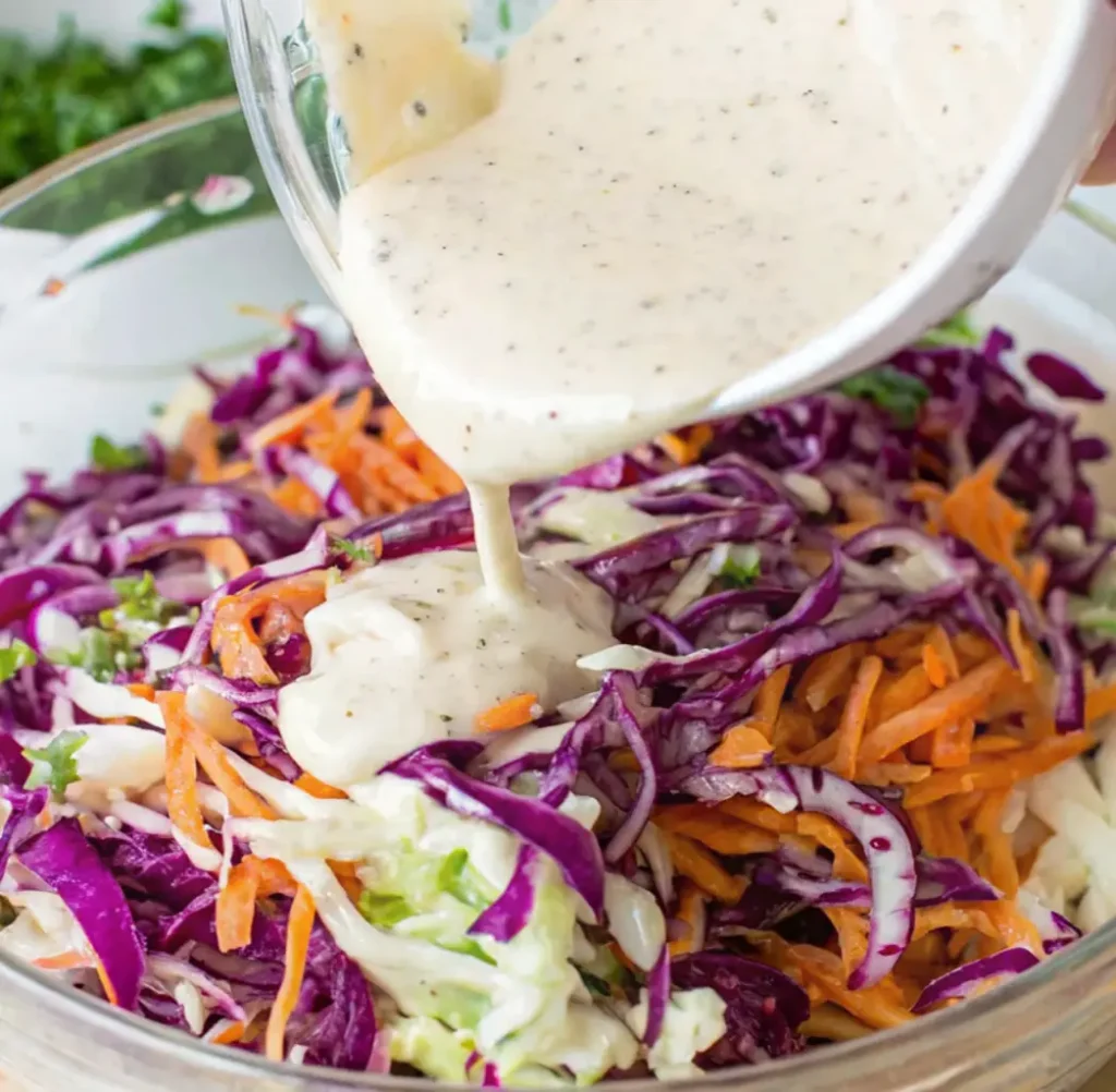 A vibrant mix of shredded purple and green cabbage and julienned carrots in a clear glass bowl. A thick, creamy coleslaw dressing, speckled with herbs, is being poured over the top.