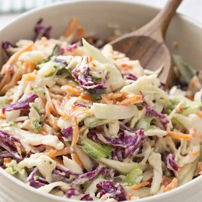 finished homemade Easy Coleslaw Recipe in a white bowl, showing the vibrant mix of shredded green and red cabbage and carrots fully tossed in a thick, creamy dressing. A wooden spoon rests in the salad.