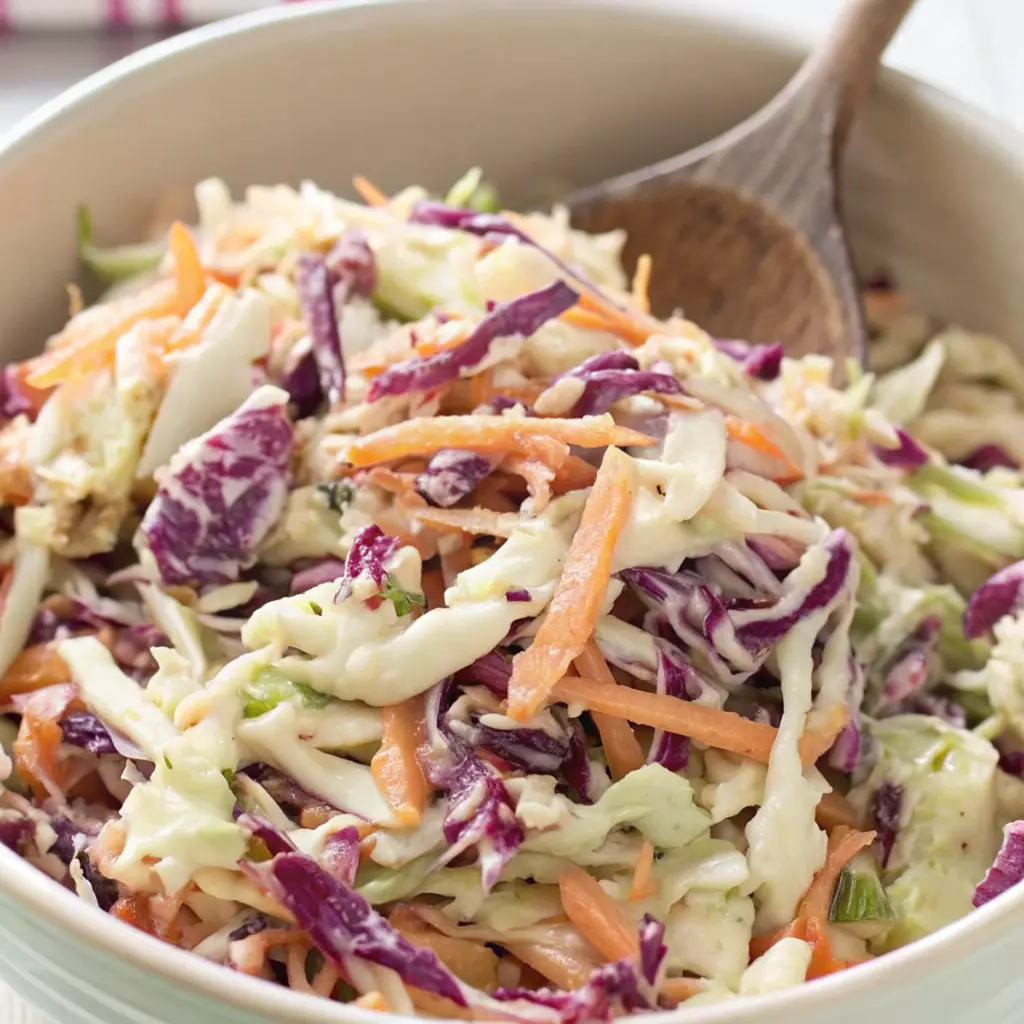 finished homemade Easy Coleslaw Recipe in a white bowl, showing the vibrant mix of shredded green and red cabbage and carrots fully tossed in a thick, creamy dressing. A wooden spoon rests in the salad.