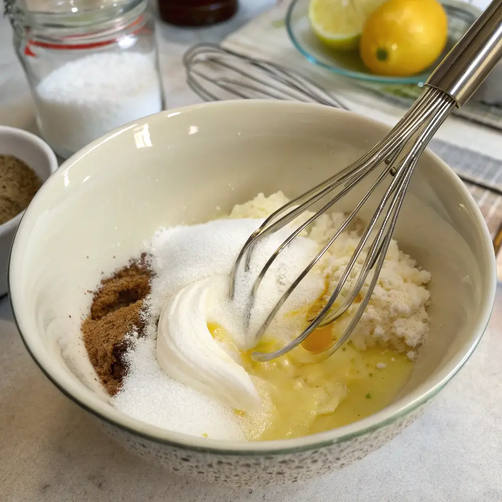 small bowl where the coleslaw dressing is being prepared. It contains a creamy base, white and brown sugar, mayonnaise lemon juice spices, and a whisk, with lemons visible in the background.