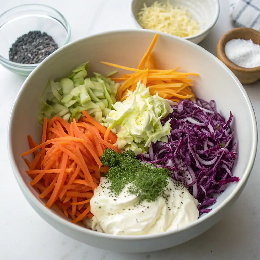 A bowl of colorful coleslaw ingredients: piles of shredded green and red cabbage, julienned carrots, and a dollop of creamy dressing topped with parsley and seasoning, for Easy Coleslaw Recipe