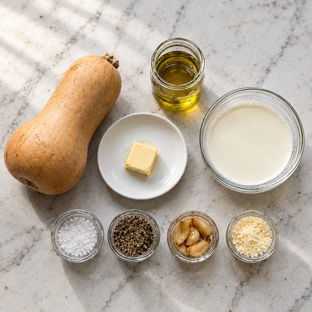 ingredients for mashed potato squash: whole butternut squash, butter, olive oil, heavy cream, coarse salt, black pepper, roasted garlic, and grated Parmesan cheese on marble.