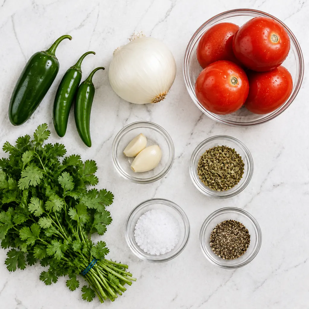 Top-down view of Mexican hot sauce ingredients: red tomatoes, green jalapeños, a white onion, fresh cilantro, garlic cloves, salt, and spices in small glass bowls on a marble surface.