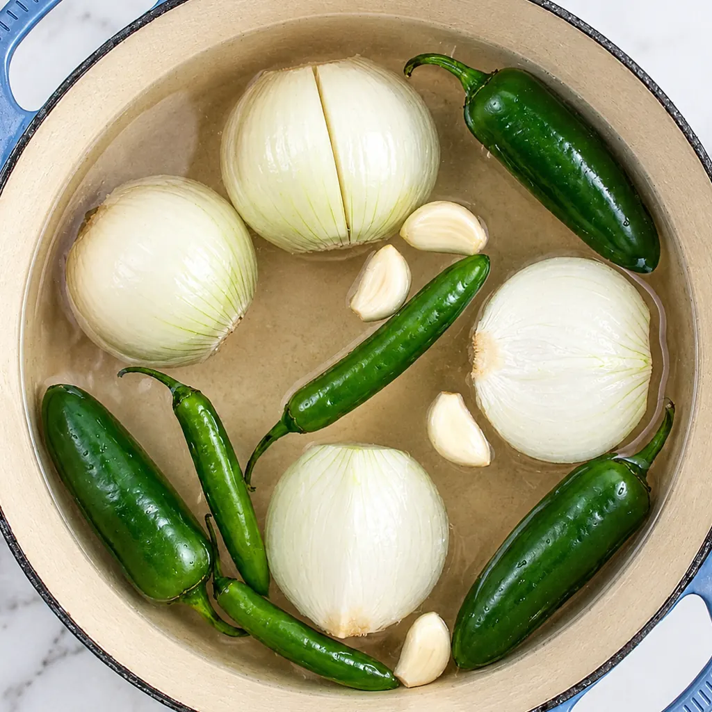 Top view of a pot filled with water containing halved onions, whole green jalapeño peppers, and garlic cloves, ready to be boiled for a spicy Mexican sauce.