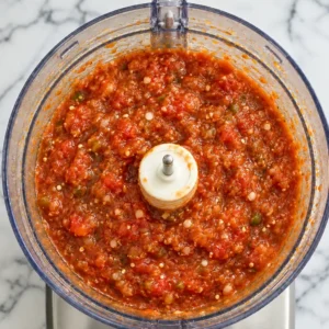 Top view of a food processor filled with a thick, textured red Mexican hot sauce, containing chili seeds and small pieces of chopped vegetables.