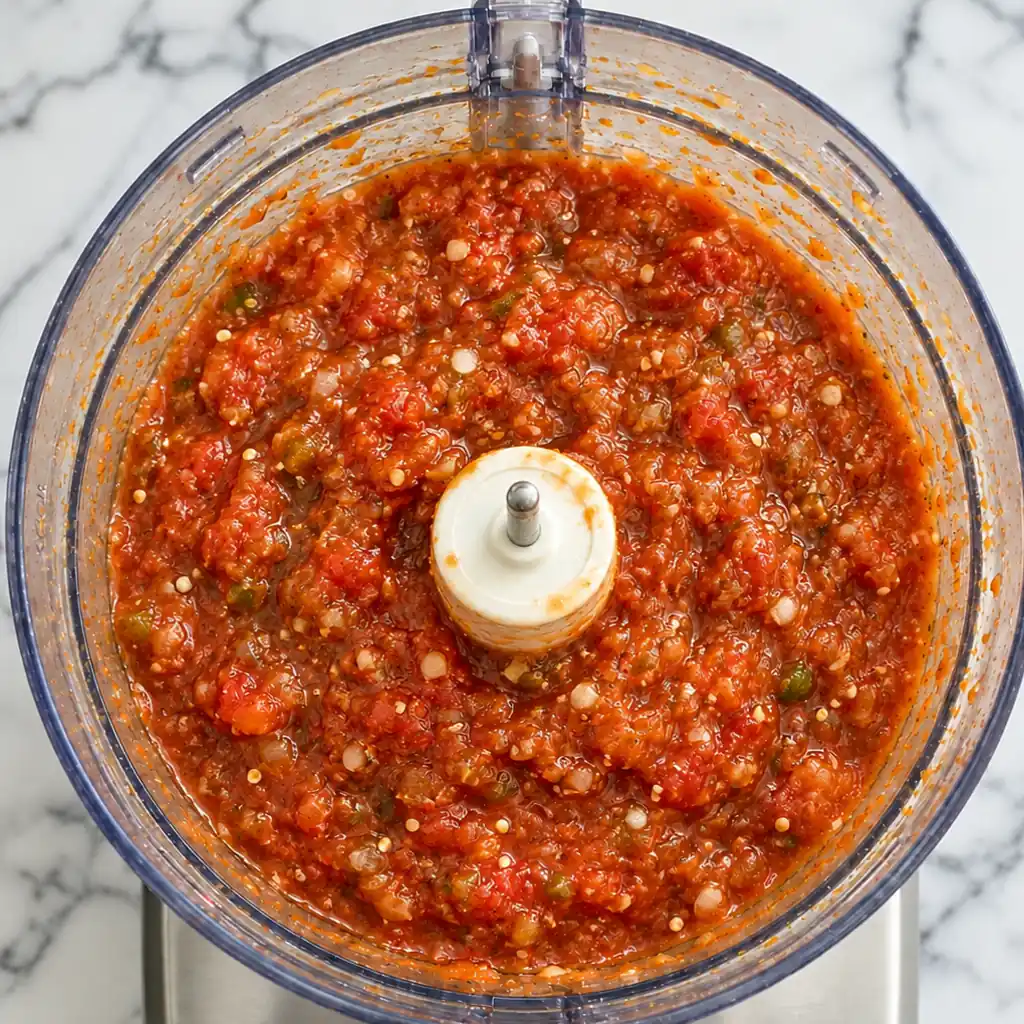 Top view of a food processor filled with a thick, textured red Mexican hot sauce, containing chili seeds and small pieces of chopped vegetables.
