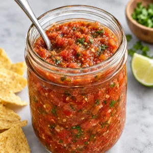 A clear glass jar filled with a thick, textured red Mexican hot sauce, with visible chili seeds, sitting on a white marble countertop.