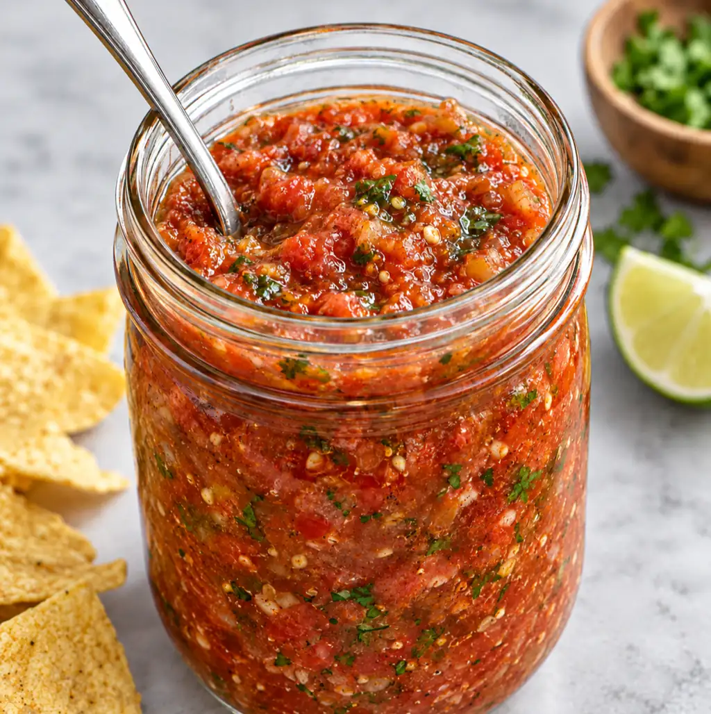 A clear glass jar filled with a thick, textured red Mexican hot sauce, with visible chili seeds, sitting on a white marble countertop.