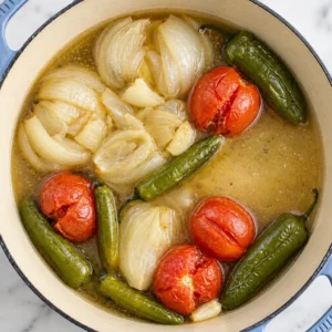 A pot filled with water, red tomatoes, whole green jalapeño peppers, and onion pieces is simmering over low heat to make a spicy Mexican sauce.