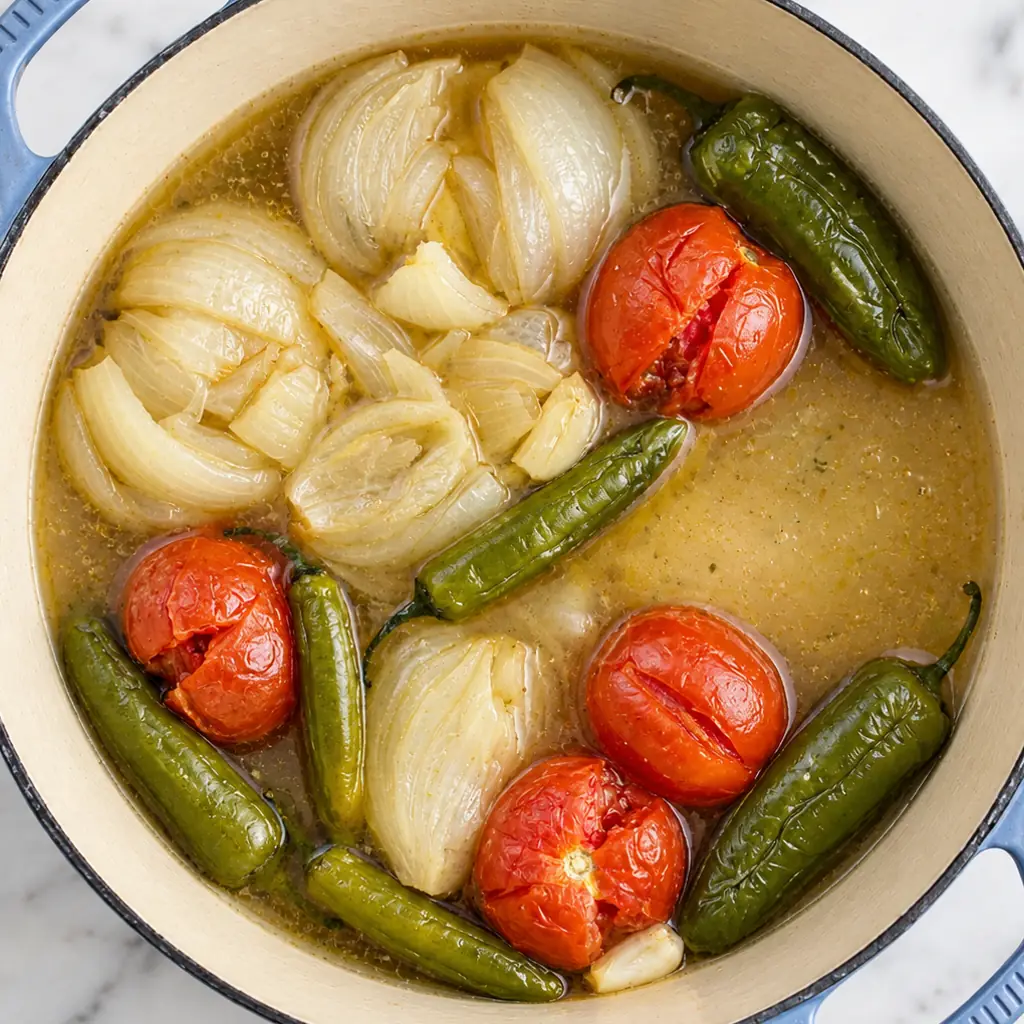 A pot filled with water, red tomatoes, whole green jalapeño peppers, and onion pieces is simmering over low heat to make a spicy Mexican sauce.