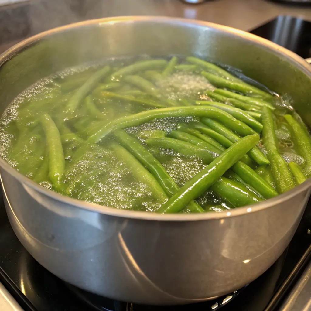 Vibrant green beans are being blanched in a stainless steel pot of actively boiling water on a stovetop