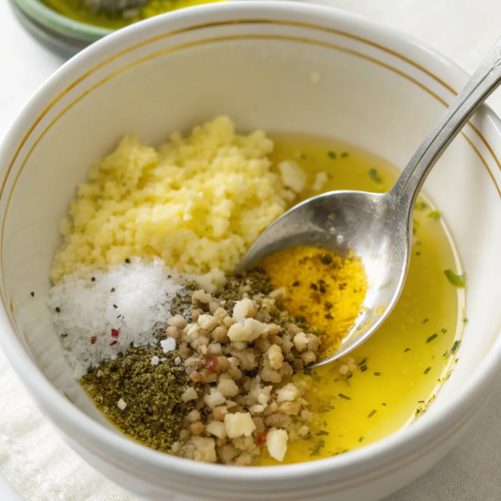 Small bowl, mixture of olive oil, lemon juice, Dijon mustard, minced garlic, salt and pepper