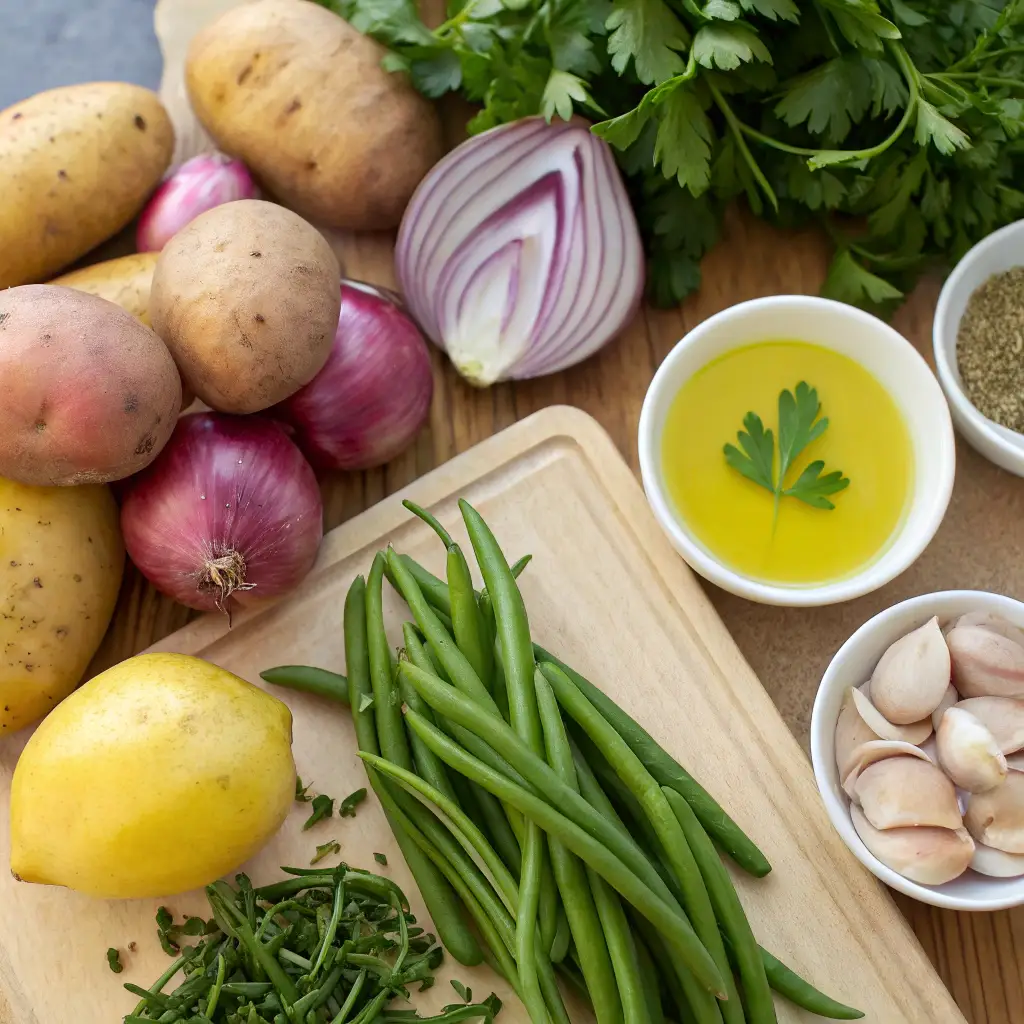 potato and green bean salad ingredients: potatoes, shallots, red onion, green beans, lemon, parsley, spices, olive oil, and peeled garlic. All set on a wooden cutting board, ready for preparation.