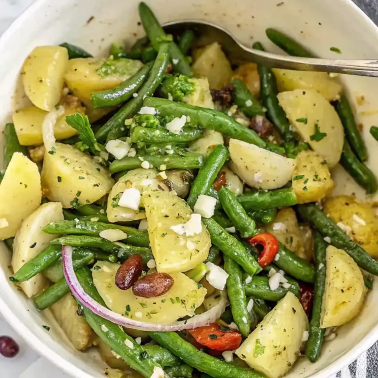 vibrant potato and green bean salad tossed in a light dressing in a white bowl. It includes red onion, chopped parsley, crumbled cheese, Kalamata olives, and sun-dried tomato pieces.