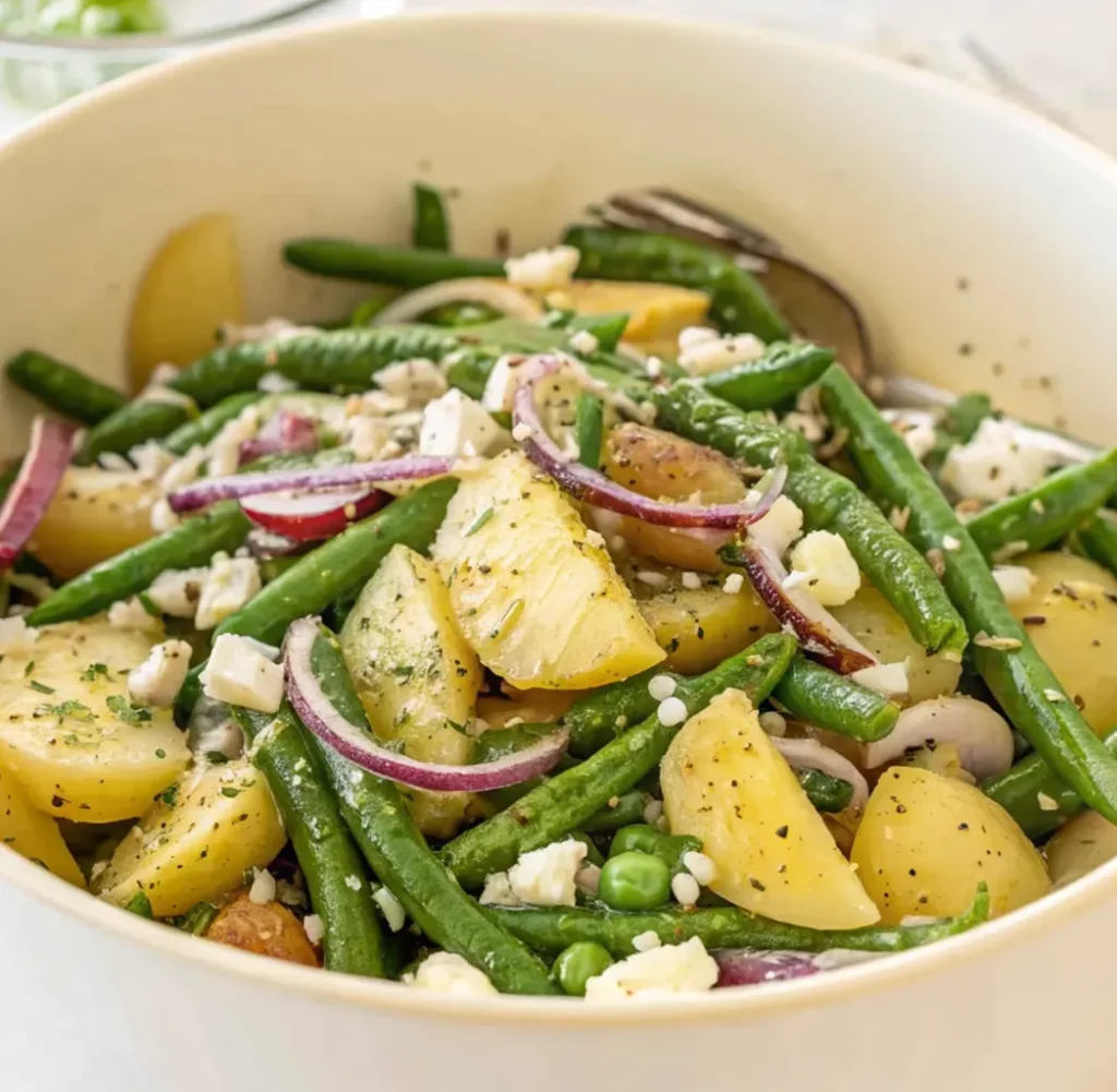 finished potato and green bean salad in a cream-colored bowl. It's tossed with red onion, crumbled feta cheese, and parsley, seasoned with pepper.
