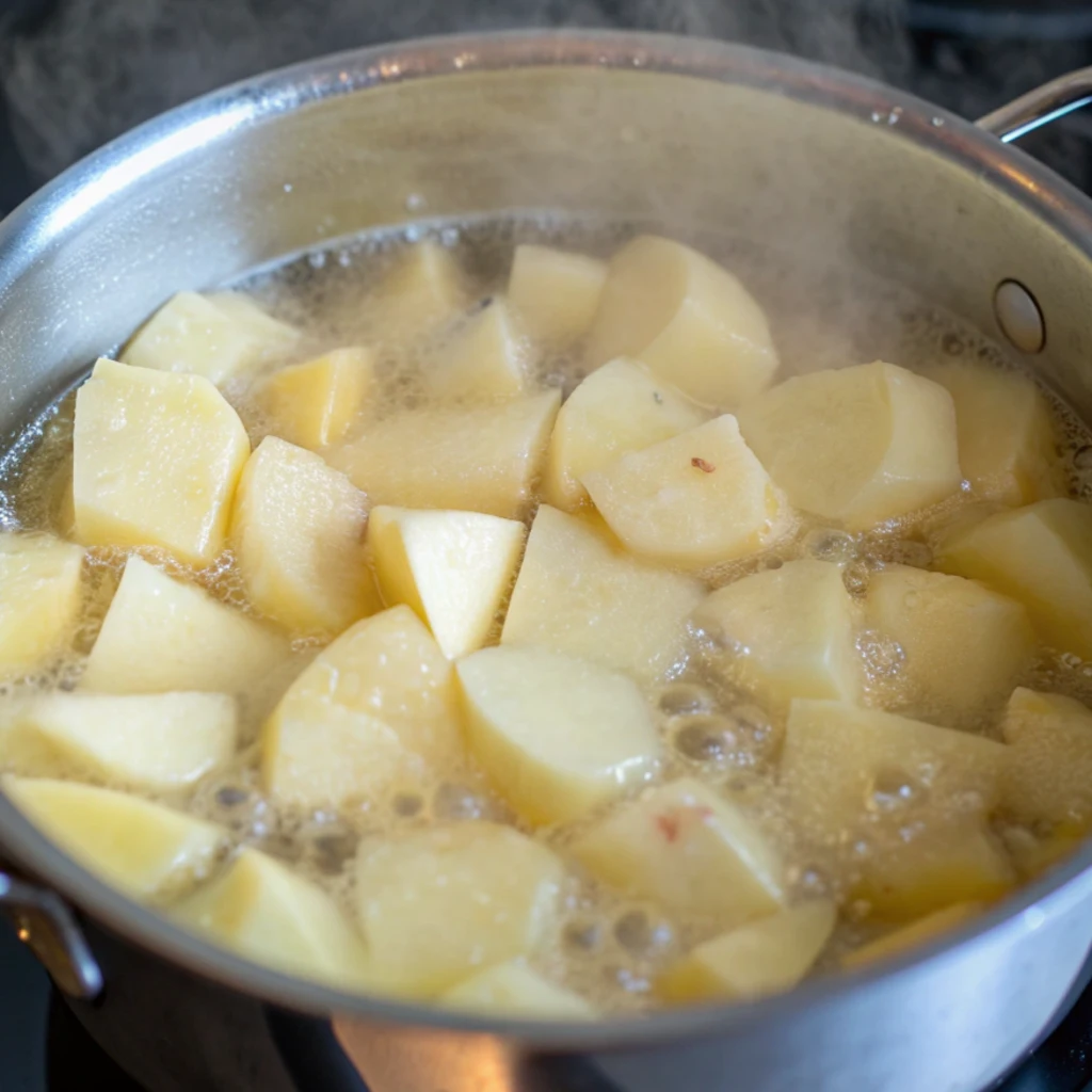 potatoes boiling rapidly in a stainless steel pot of hot, bubbling water on a stove.