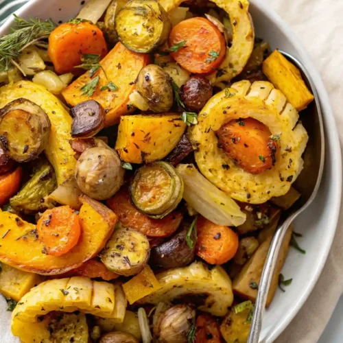 A warm, inviting bowl of perfectly Roasted Fall Veggies including delicata squash rings, carrots, potatoes, onions, and Brussels sprouts seasoned with herbs and a sprig of fresh thyme.