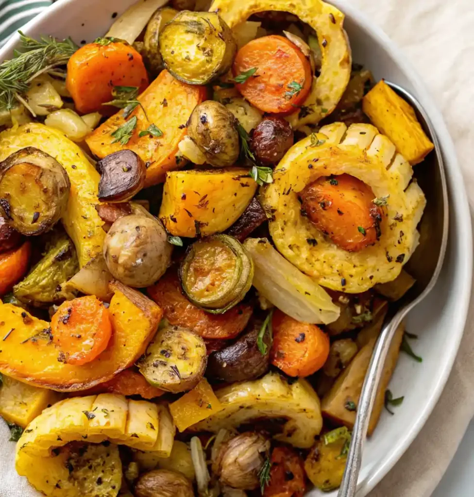 A warm, inviting bowl of perfectly Roasted Fall Veggies including delicata squash rings, carrots, potatoes, onions, and Brussels sprouts seasoned with herbs and a sprig of fresh thyme.