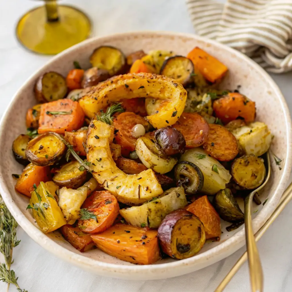 A warm, inviting bowl of perfectly roasted fall vegetables including delicata squash rings, carrots, potatoes, onions, and Brussels sprouts seasoned with herbs and a sprig of fresh thyme.