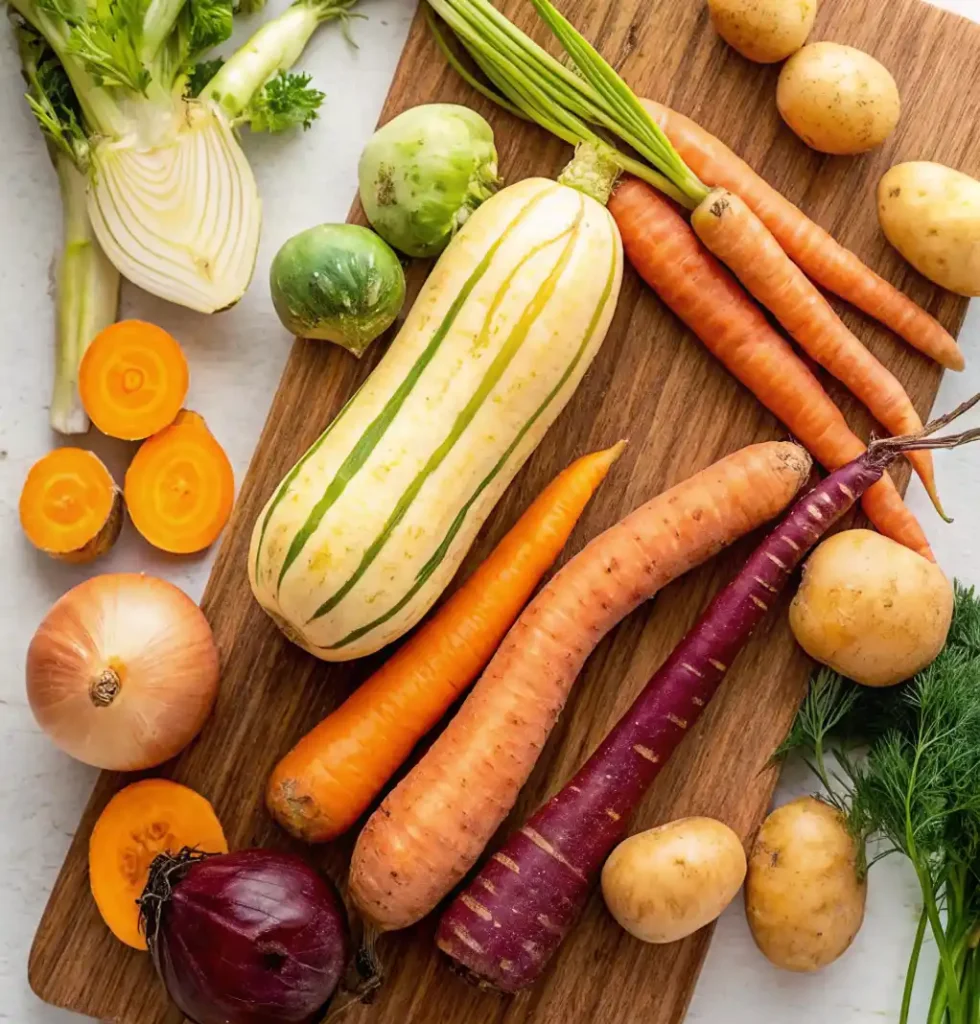 A beautiful autumn bounty of fennel, delicata squash, potatoes, carrots (orange and purple), Brussels sprouts, and onions laid out on a wooden cutting board, perfect for roasting.