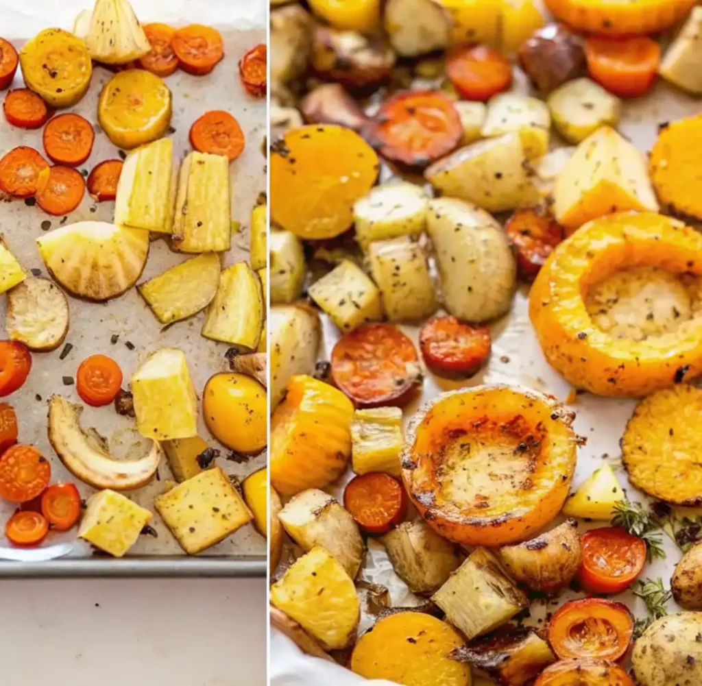 A mixture of autumn vegetables such as pumpkin, potatoes and carrots on a baking tray. The vegetables are golden brown and seasoned after roasting.