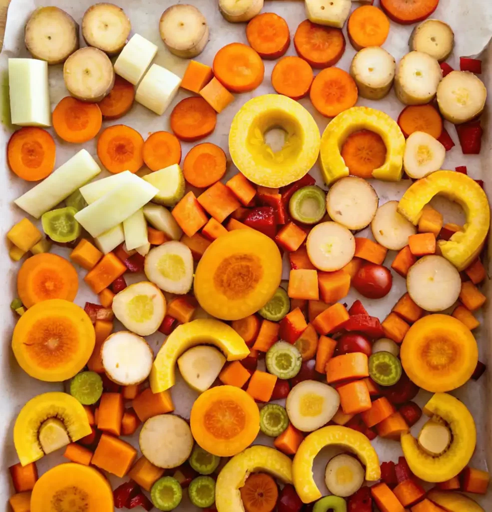 A colorful medley of prepped and cut root vegetables including rounds of carrots and parsnips, cubes of squash, slices of cucumber or celery