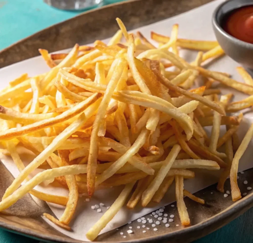 A pile of golden-brown shoestring potato fries is served on a rustic platter lined with white parchment paper. A small bowl of ketchup is visible in the top right, and coarse salt is sprinkled on the paper.